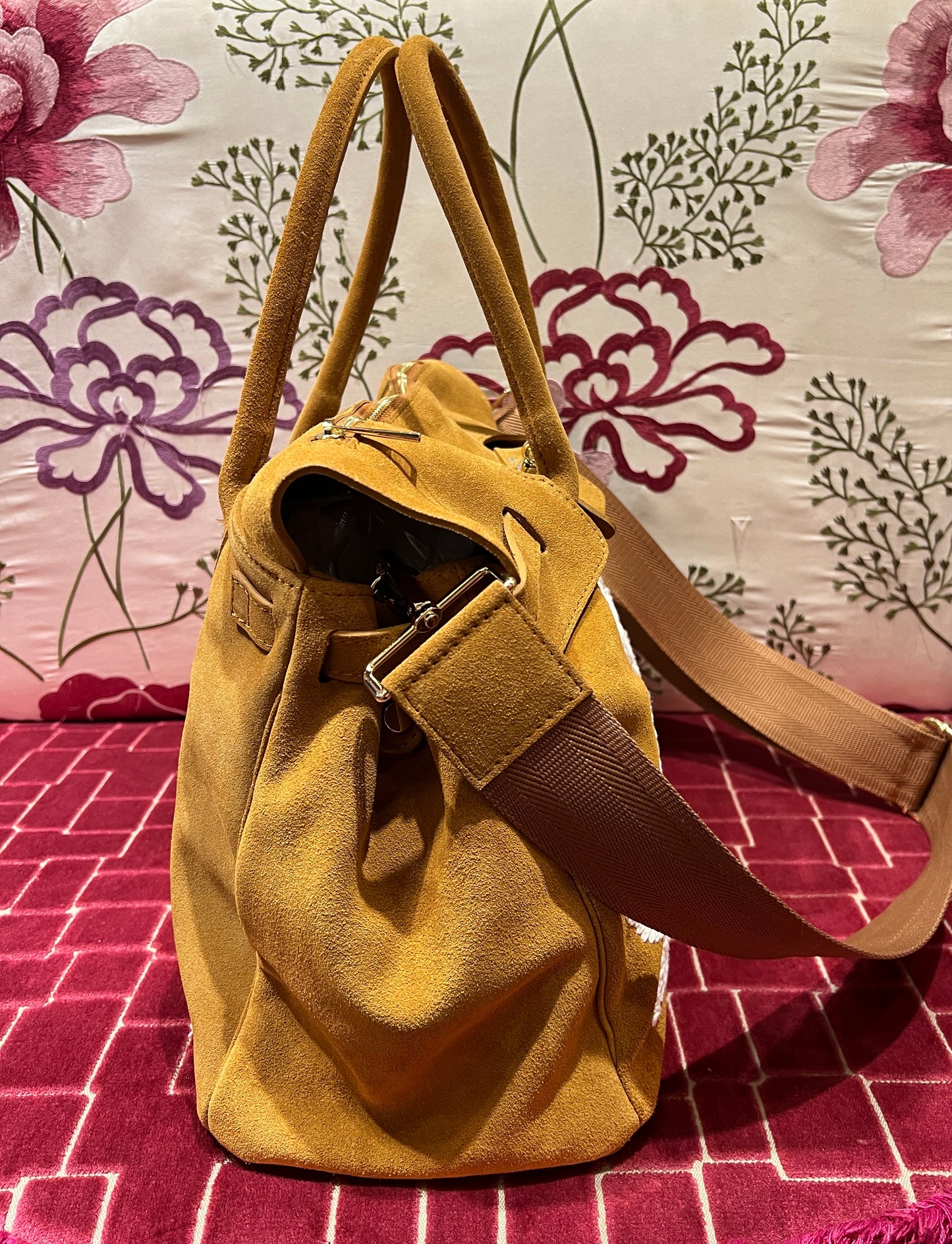 Mia bag borsa due manici con tracolla in camoscio ricamo fiori