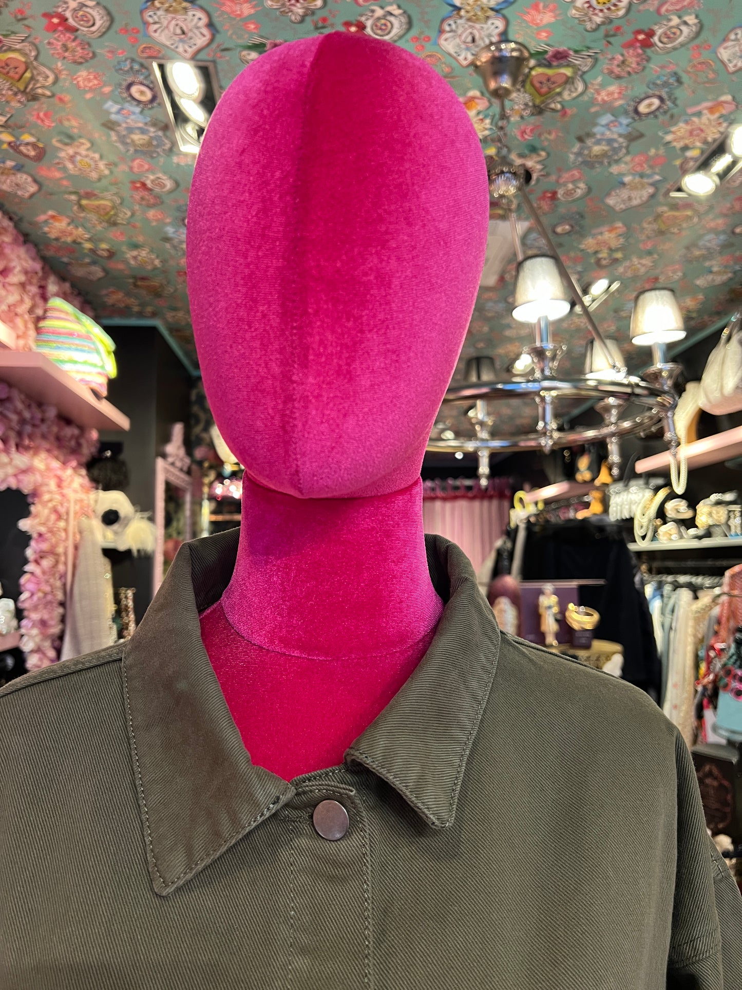 Sorena giacca camicia denim verde militare con occhio dipinto a mano posteriore