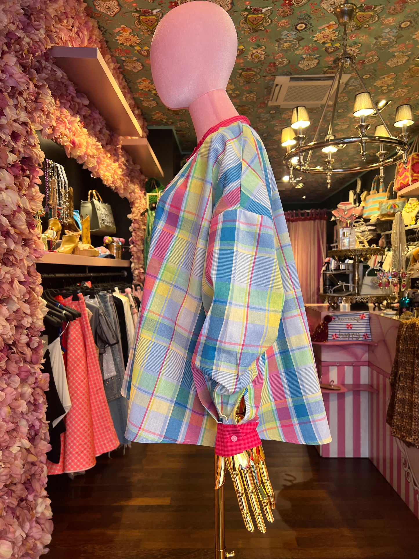 Mon amour Paris blusa fantasia Madras con polsini e bordino collo a contrasto