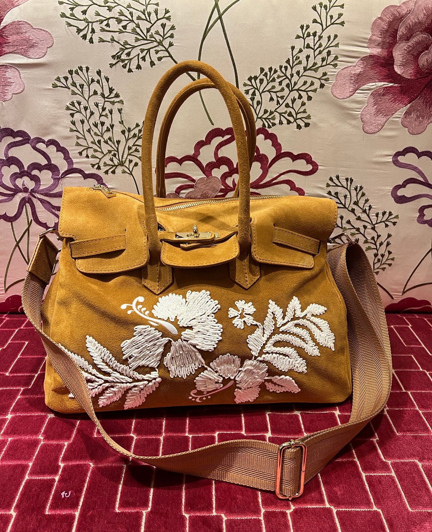 Mia bag borsa due manici con tracolla in camoscio ricamo fiori