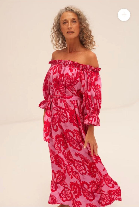 Sundress abito lungo fantasia floreale fucsia e rosa scollato sulle spalle con cinta