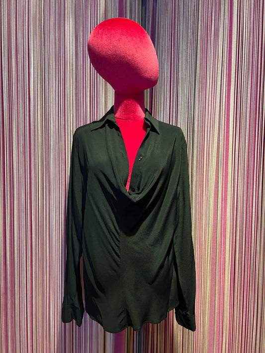 Semicouture camicia nera in crepe de chine scollo drappeggiato