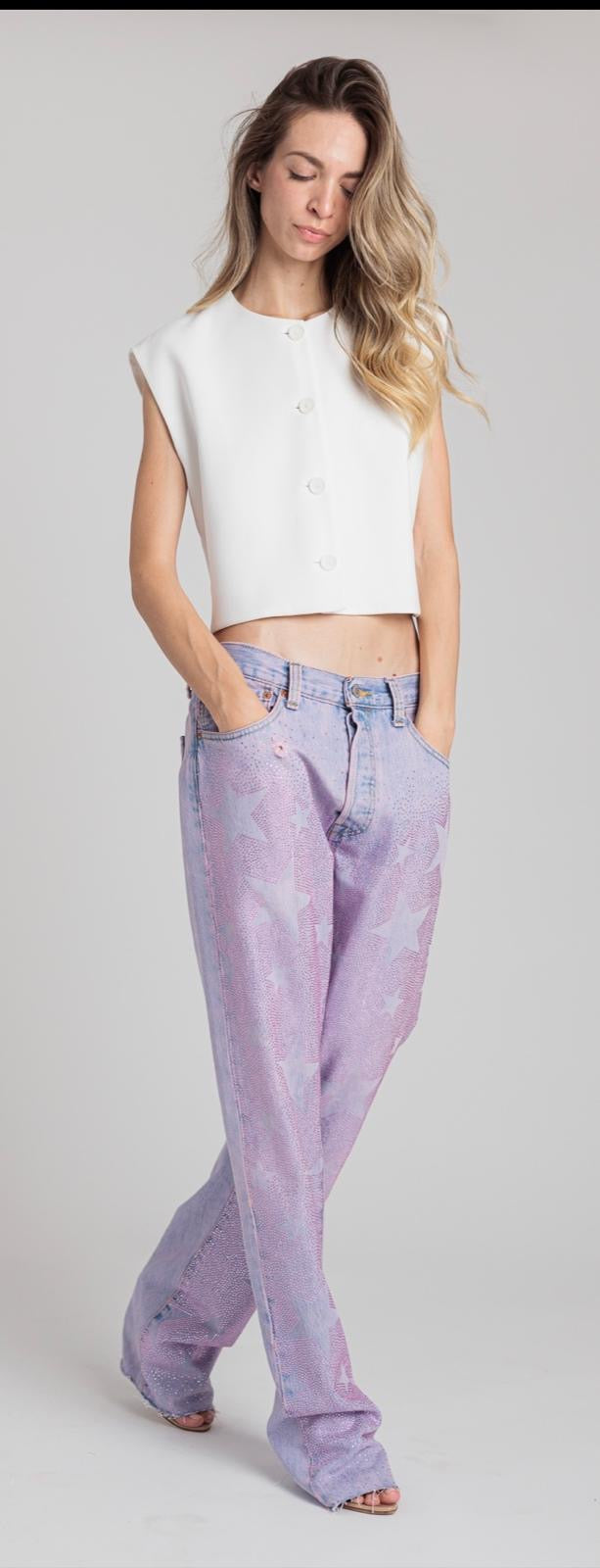 Rossano Perini jeans vintage ultraboy sovratinto dirty rosa applicazioni strass flat stelle
