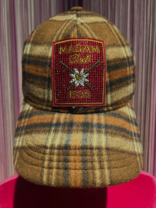 Rue Madam Paris cappello con visiera tartan marrone/arancio con decorazione cristalli