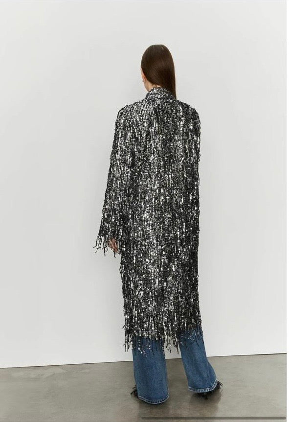 Isabelle Blanche Paris cappotto con frange di paillettes nero/argento