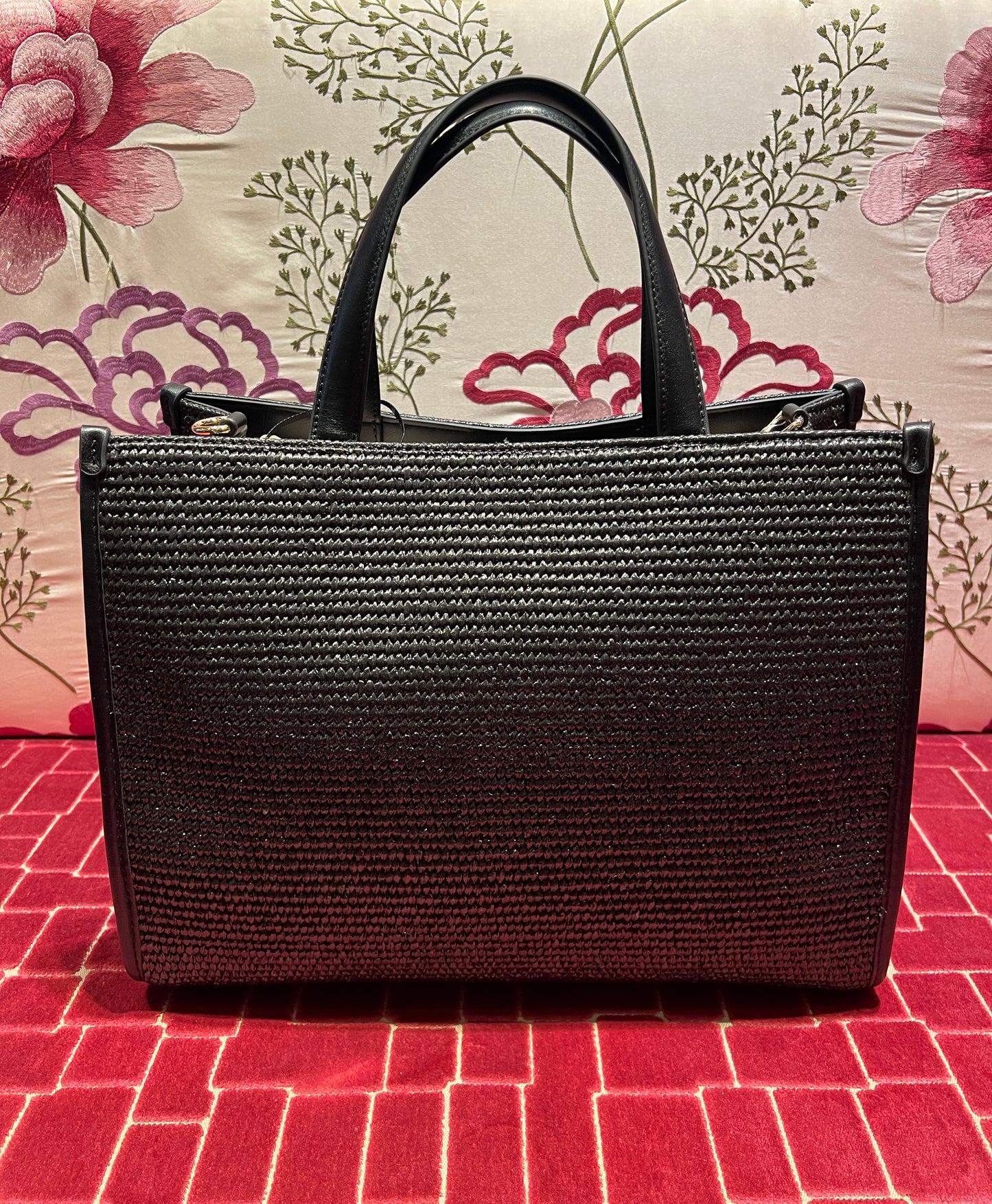 Rue Madam borsa ecopelle due manici paglia con tracolla nera logo ricamato bianco