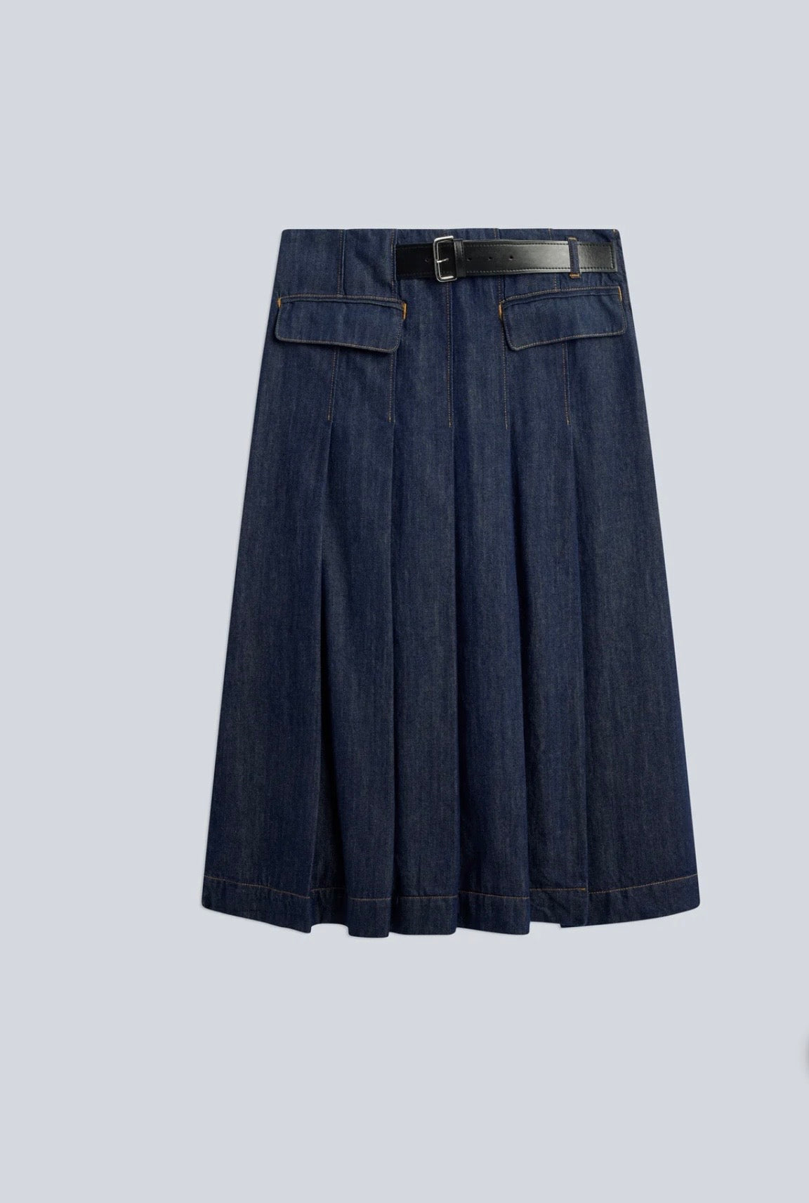 Semicouture gonna in denim midi con pieghe e cinturino in vita