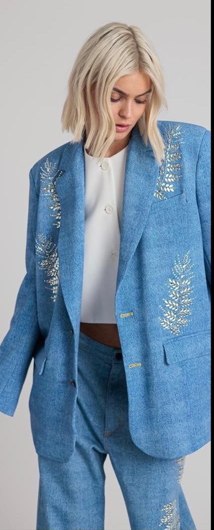 Rossano Perini blazer denim oversize con applicazione foglie strass cristallo