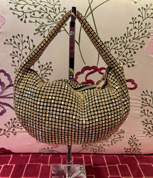 Love & roses borsa a mano full strass oro bronzato con tracollina dorata