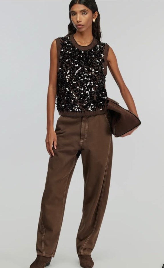 Semicouture gilet cioccolato misto cachemire all over paillettes e perline Lorena