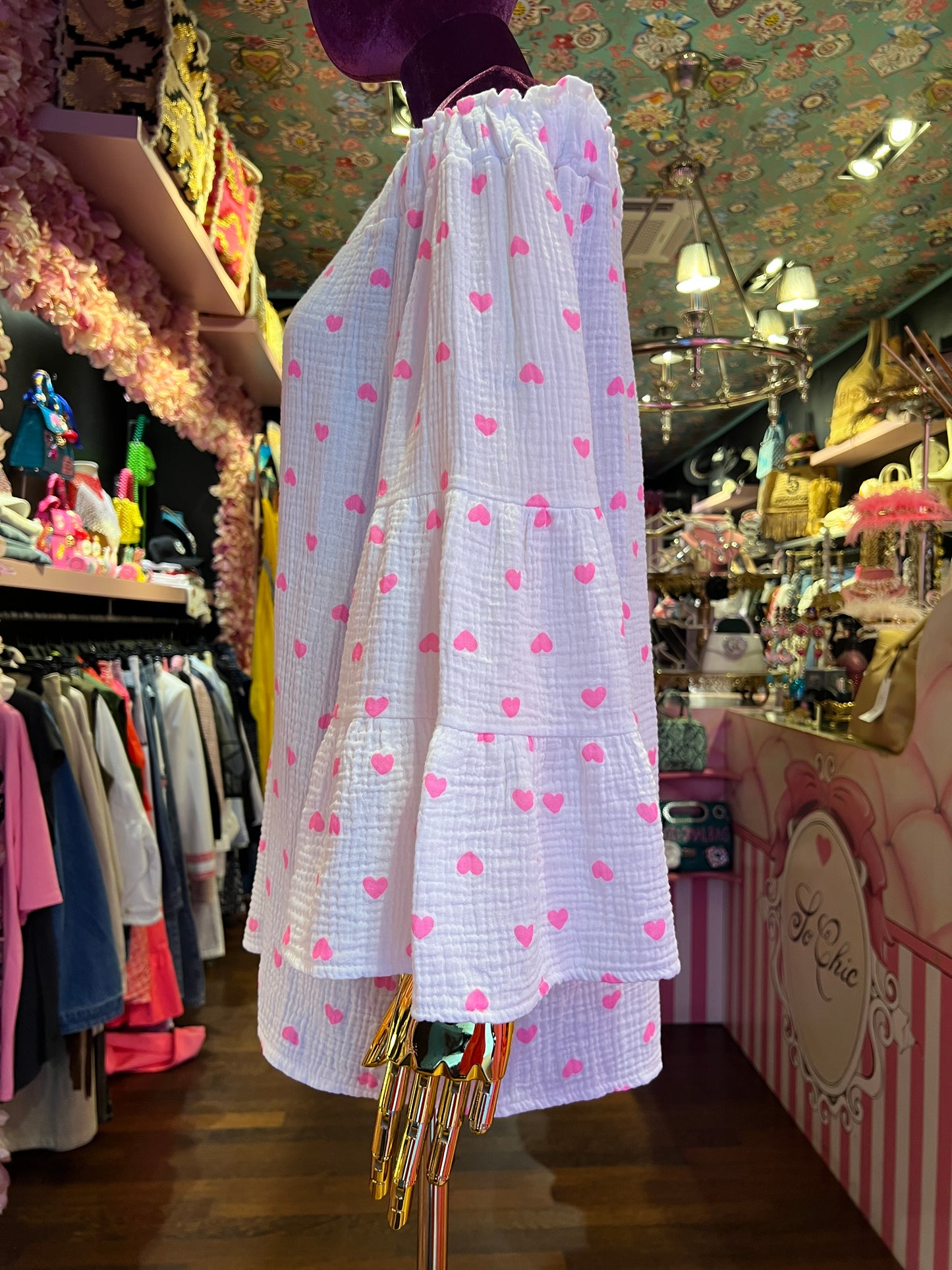 Mon amour -40%Paris blusa bianca scollo Bardot con cuori fucsia