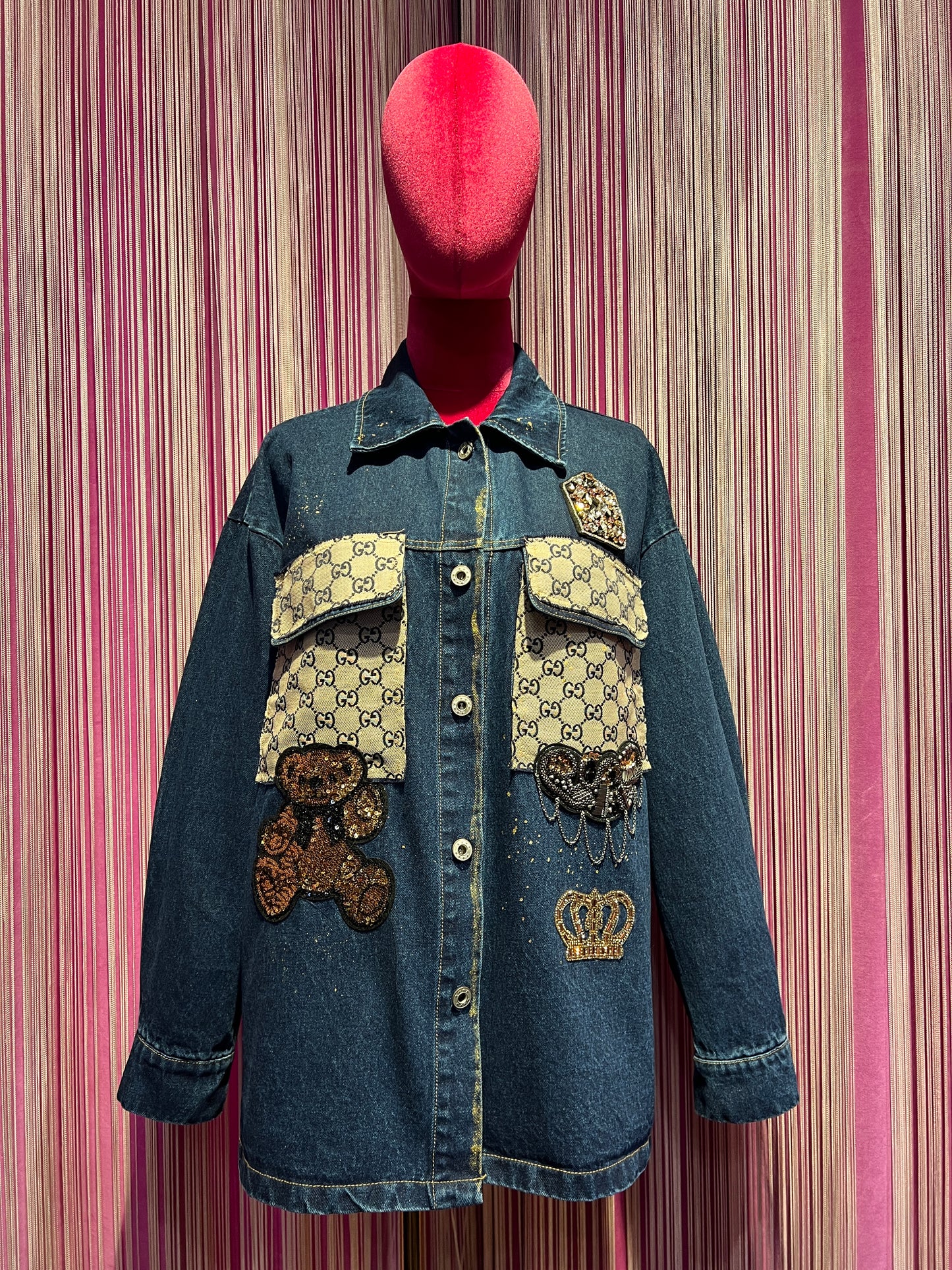 ABpink🩷 giacca camicia jeans con stoffa vintage patch orsetto paillettes oro