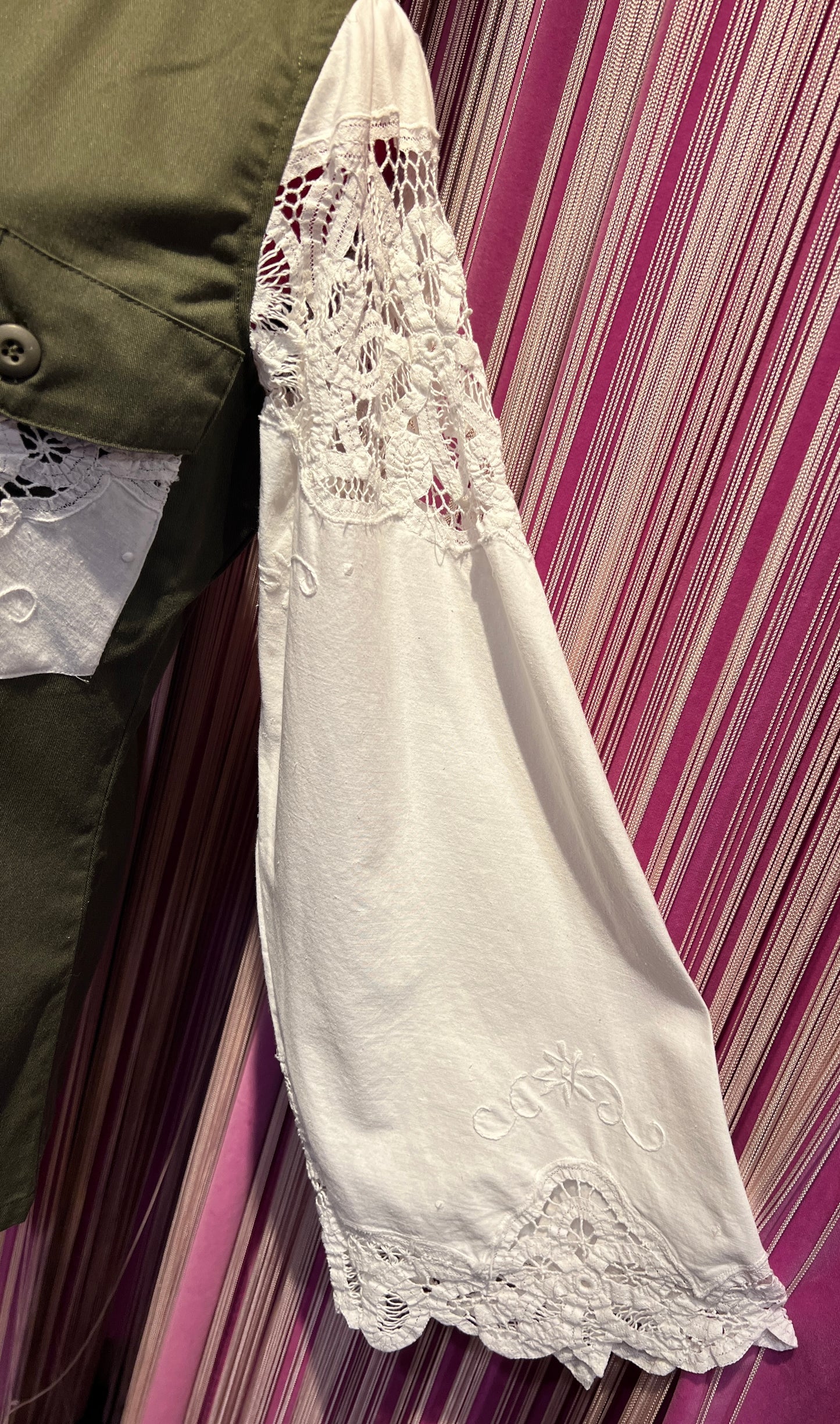Front street giacca/camicia militare con manica pizzo bianco di cotone vintage