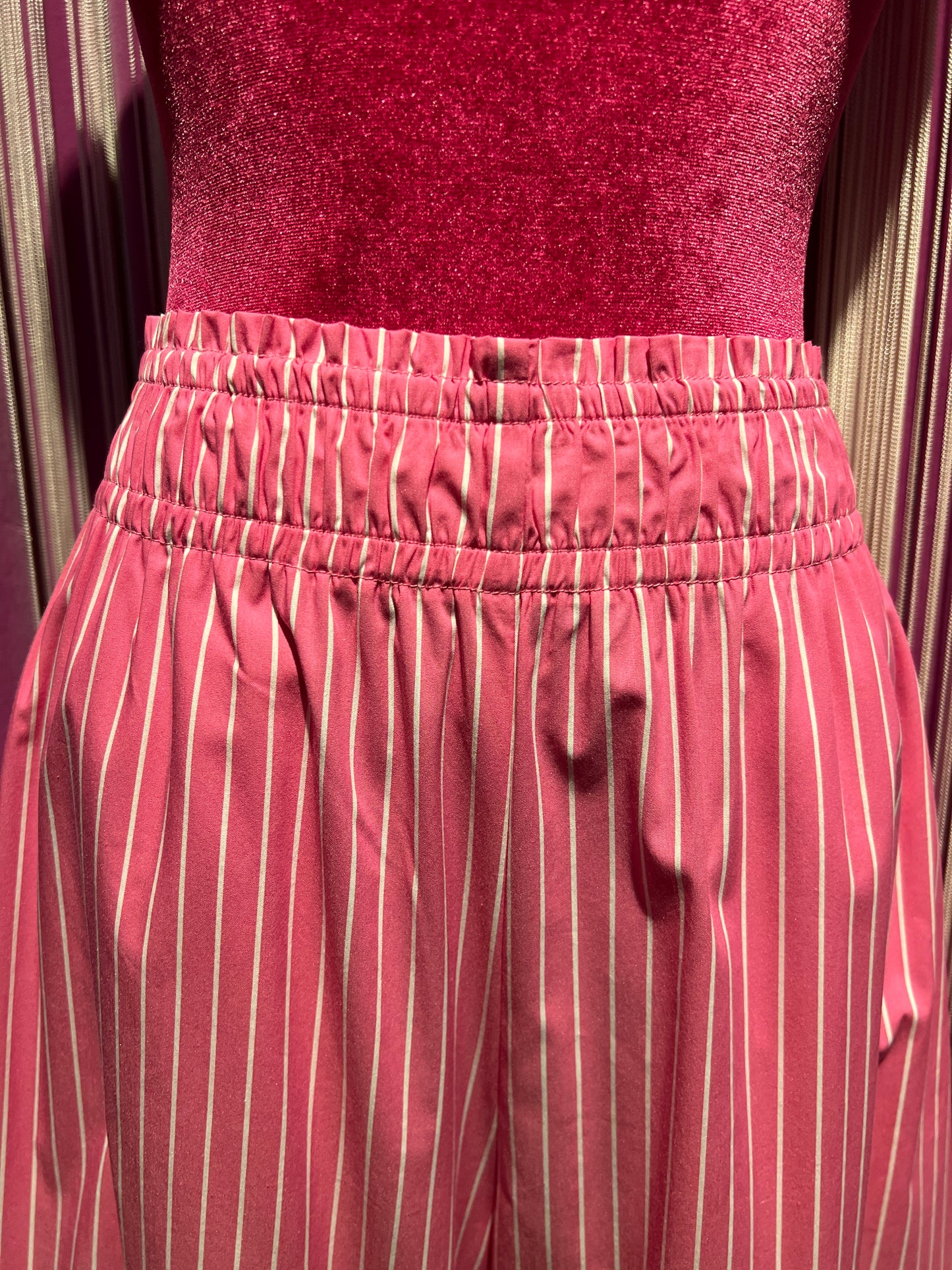Gina Gorgeous pantalone palazzo cotone a righe rosa fucsia e bianche Palmira 1