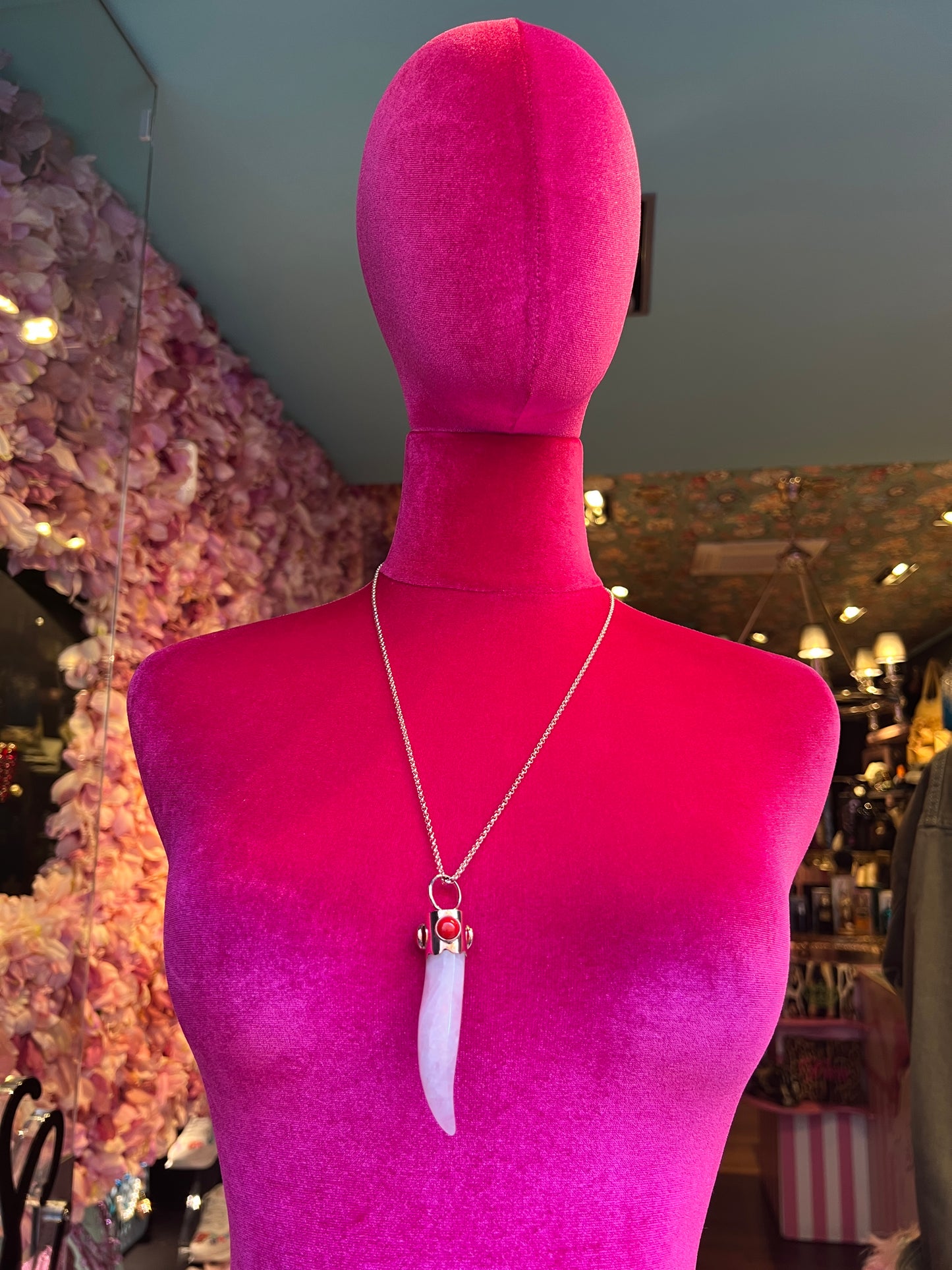 Collana lunga argento rosa corno quarzo rosa con cabochon corallo