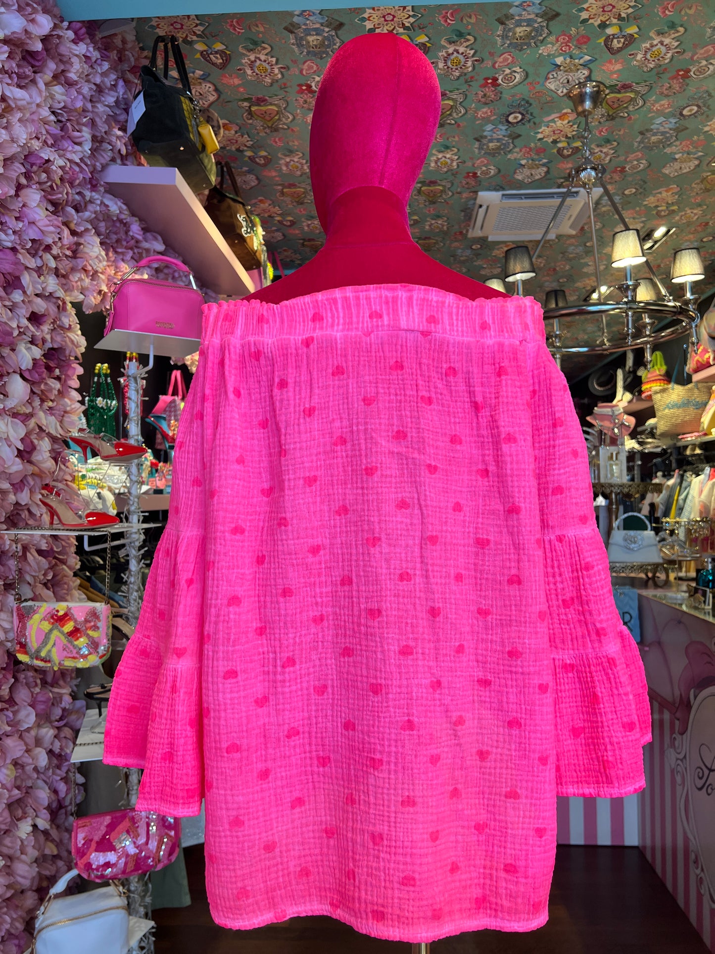 Mon amour Paris blusa scollo Bardot , maniche ampie, fucsia flou e cuori