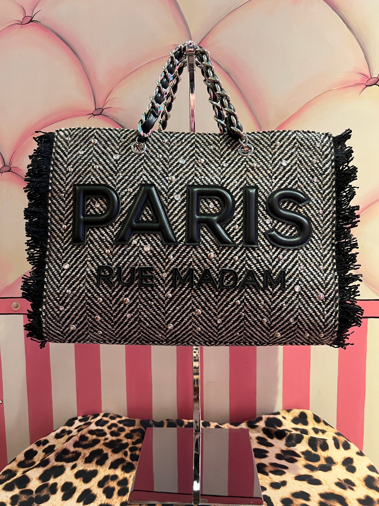 Rue Madam Paris borsa tweed nera due manici con tracolla Harris tote