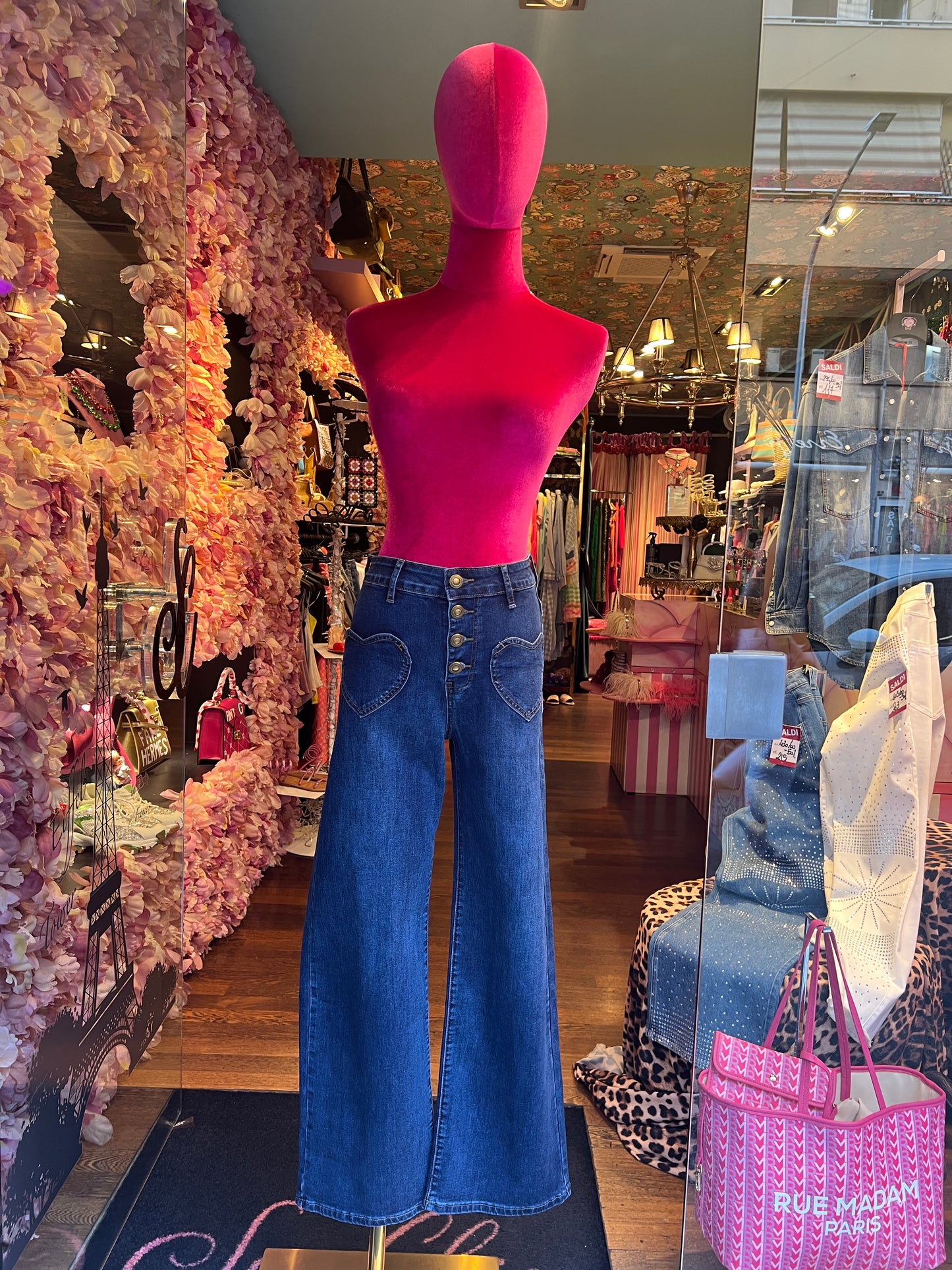 Mon amour Paris jeans a zampa con bottoni tasche a cuore elasticizzato