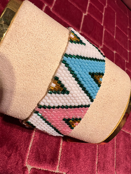 Bracciale regolabile perline fantasia triangoli rosa /celeste /bianco