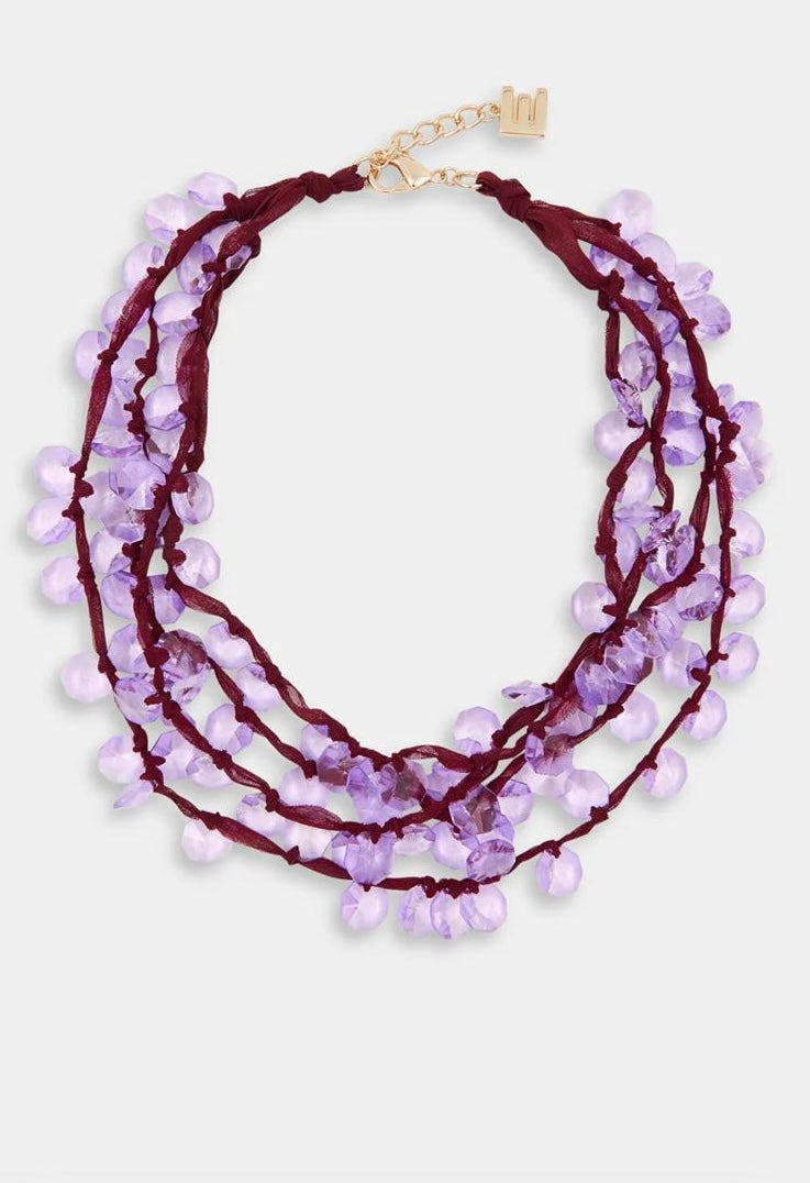 Essentiel antwerp-30% di sconto collana con tre strati di fili morbidi intrecciati con strass di vetro borgogna/viola