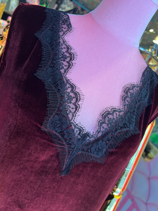 Pink memories top spalla larga in velluto con pizzo