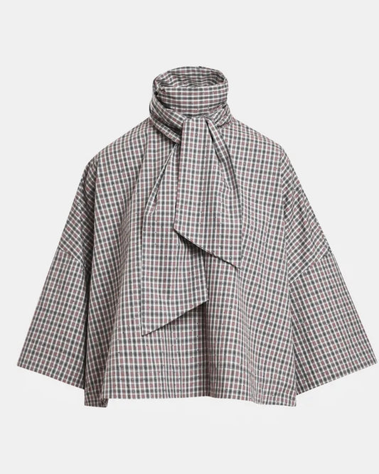 Essentiel antwerp camicia colletto con fiocco fantasia a quadri mattoni grigio scuro e bianco , applicazioni strass, manica a campana