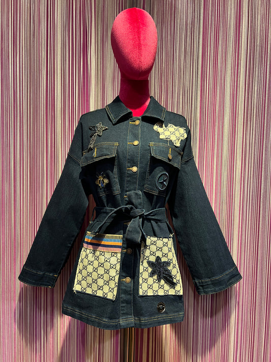 ABpink 🩷 giacca denim con cintura applicazioni fiore e stella perline