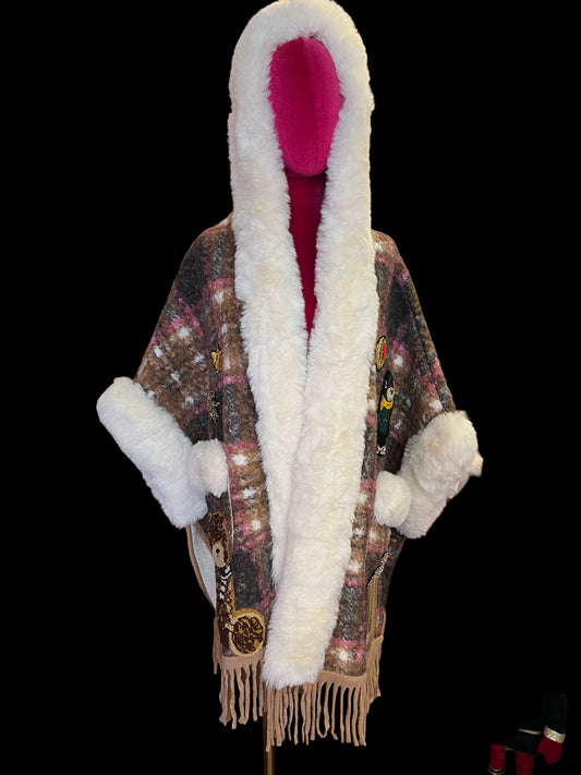 ABpink🩷 mantella boucle fantasia tartan con cappuccio, interno in ecopelliccia , patch teddy