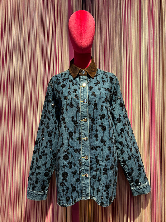 The room camicia jeans con ricami paillettes nere colletto velluto cioccolato