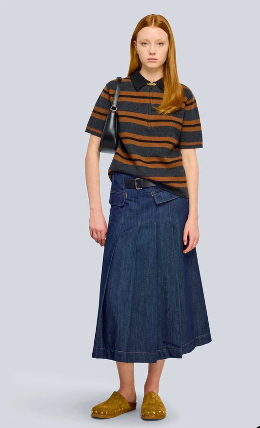 Semicouture gonna in denim midi con pieghe e cinturino in vita