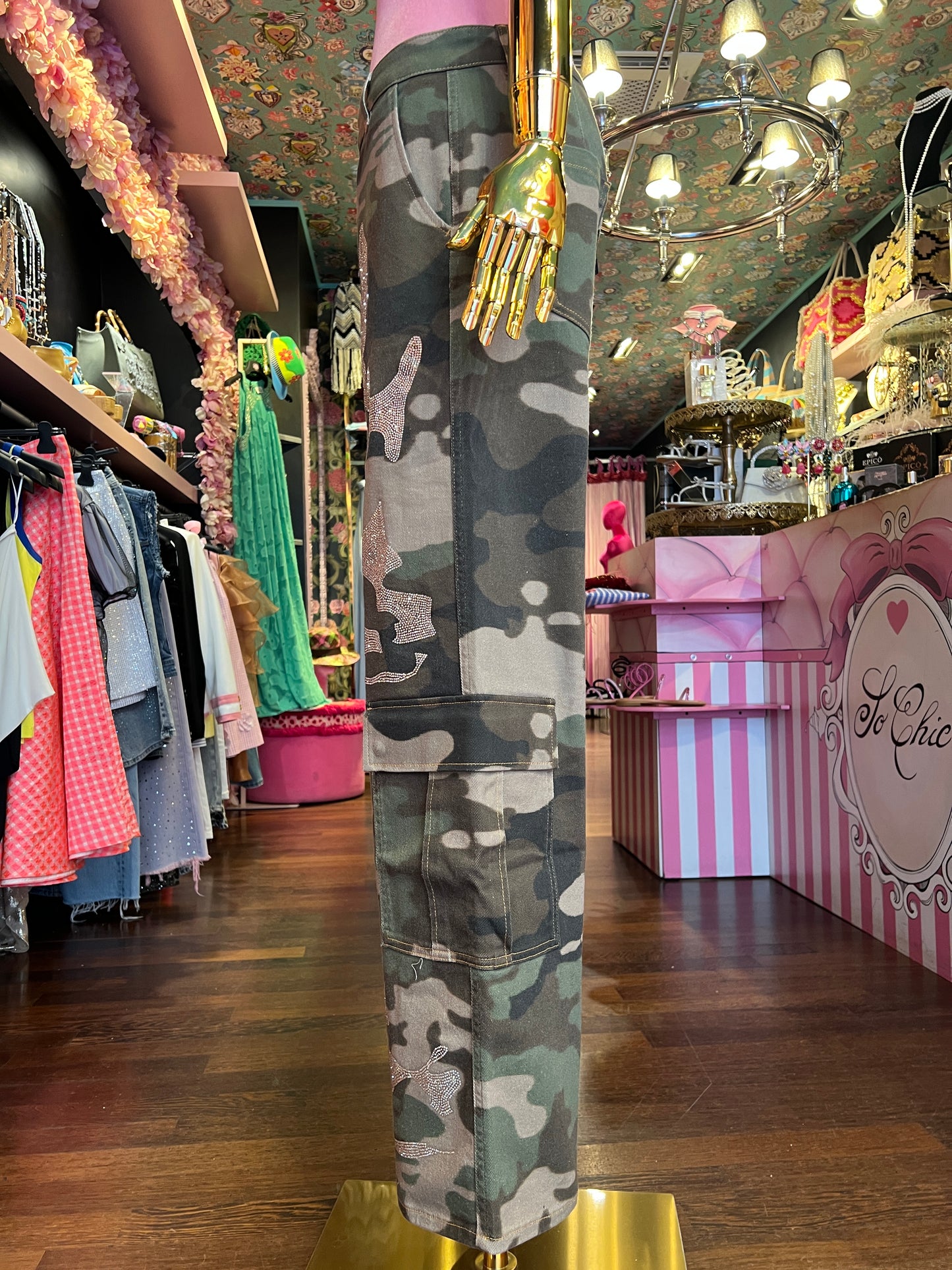 Rossano Perini pantalone combat camouflage con decorazioni cristalli