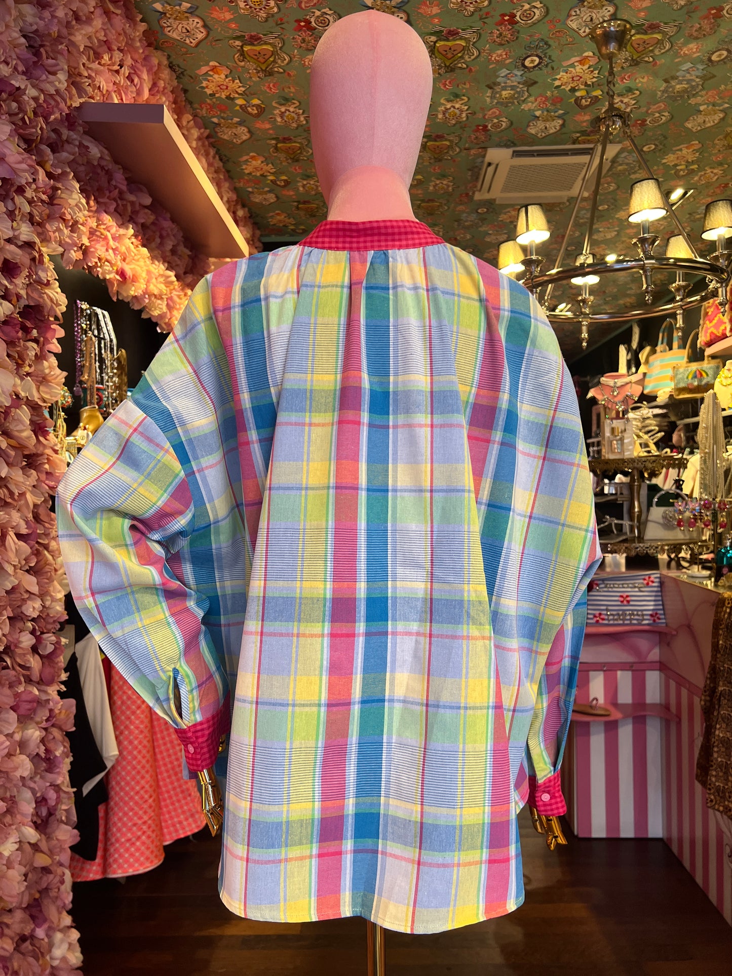Mon amour Paris blusa fantasia Madras con polsini e bordino collo a contrasto