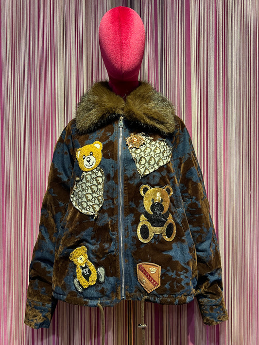 ABpink 🩷vellutina.giubbino velluto con interno in ecopelliccia ,colletto rimovibile, applicazioni patch teddy in micro paillettes , teddy in tessuto e patch cristalli