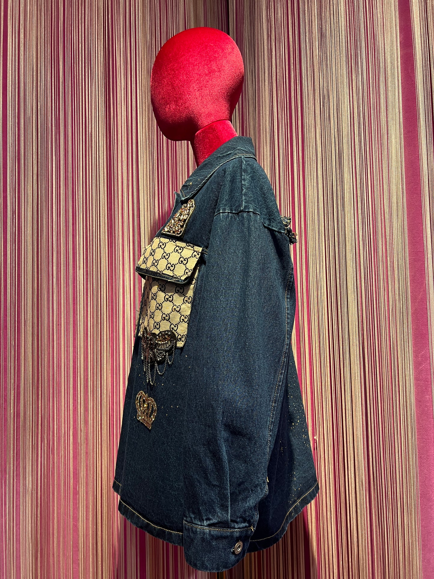 ABpink🩷 giacca camicia jeans con stoffa vintage patch orsetto paillettes oro