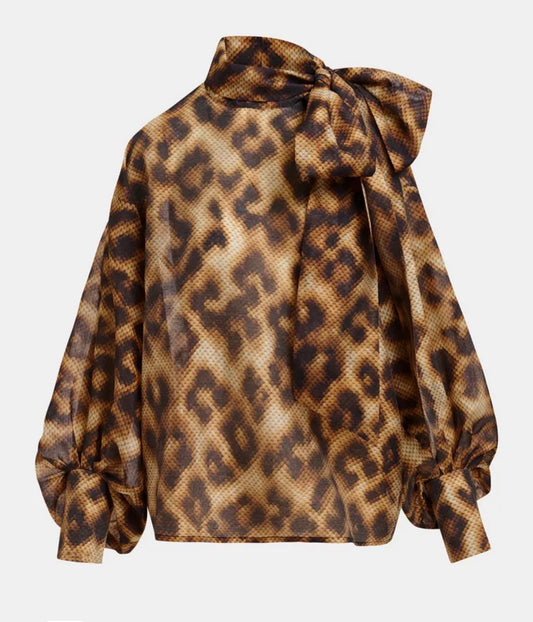 Essentiel antwerp camicia colletto con fiocco , manica a sbuffo, cerniera sui polsini fantasia effetto pitone beige e marrone
