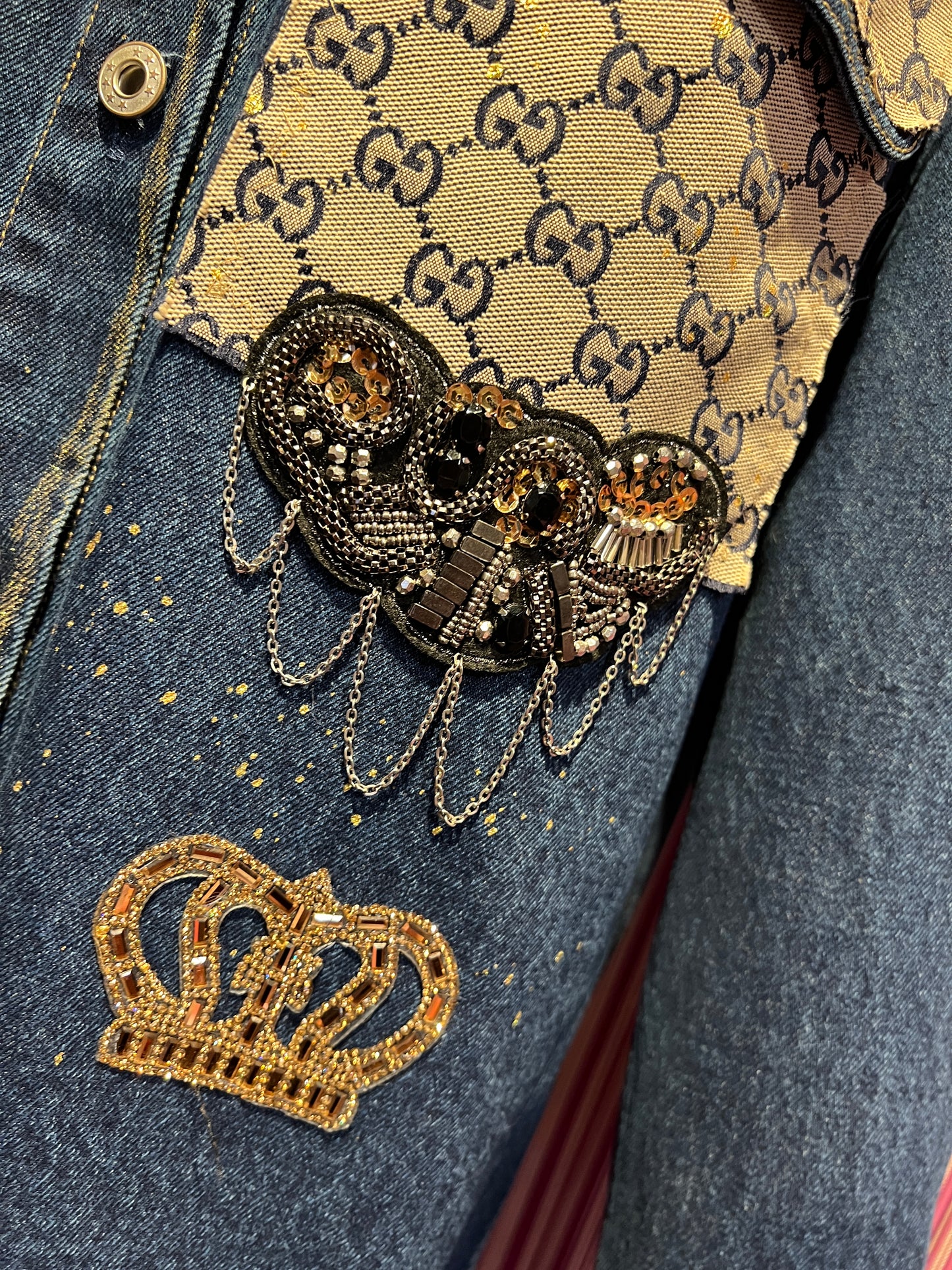 ABpink🩷 giacca camicia jeans con stoffa vintage patch orsetto paillettes oro