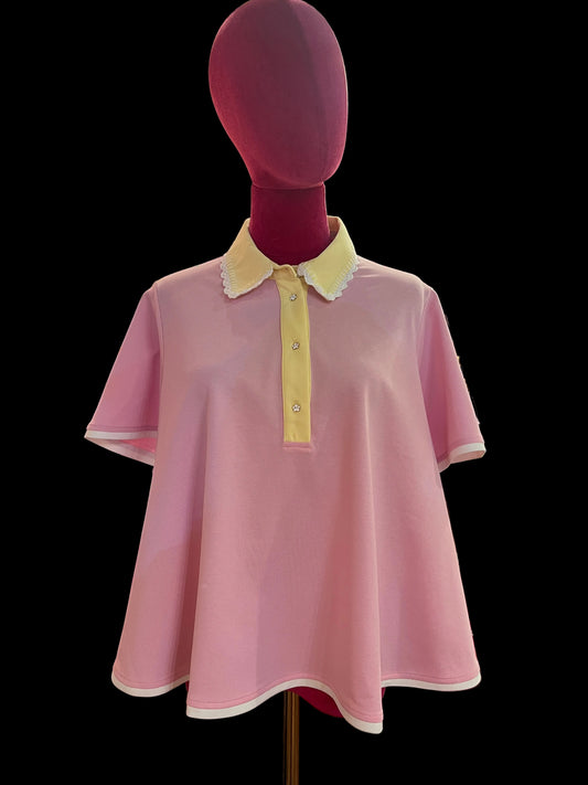 Sincere Paris polo nido d’ape rosa colletto giallo bordo bianco