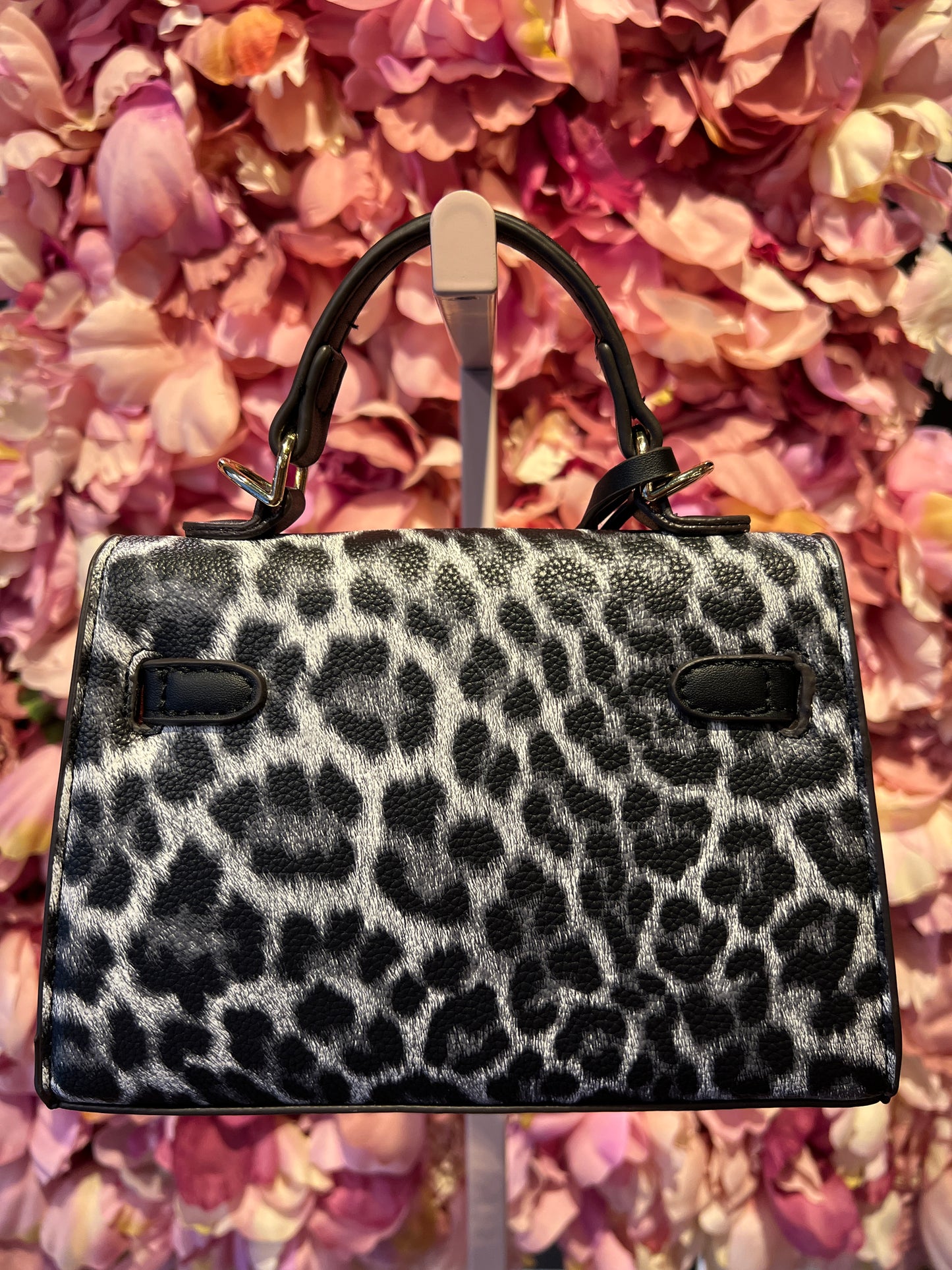 Borsa ecopelle maculata nero/grigio con dettagli neri e tracolla