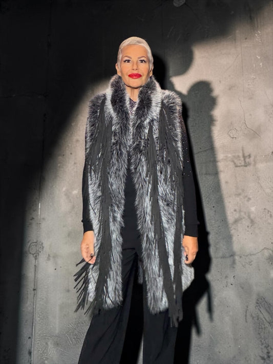 Uncommon gilet di simil pelliccia con frange nero e bianco vestibilita’ over