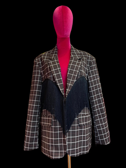The room giacca tartan marrone panna con frange nere e patch orso dietro