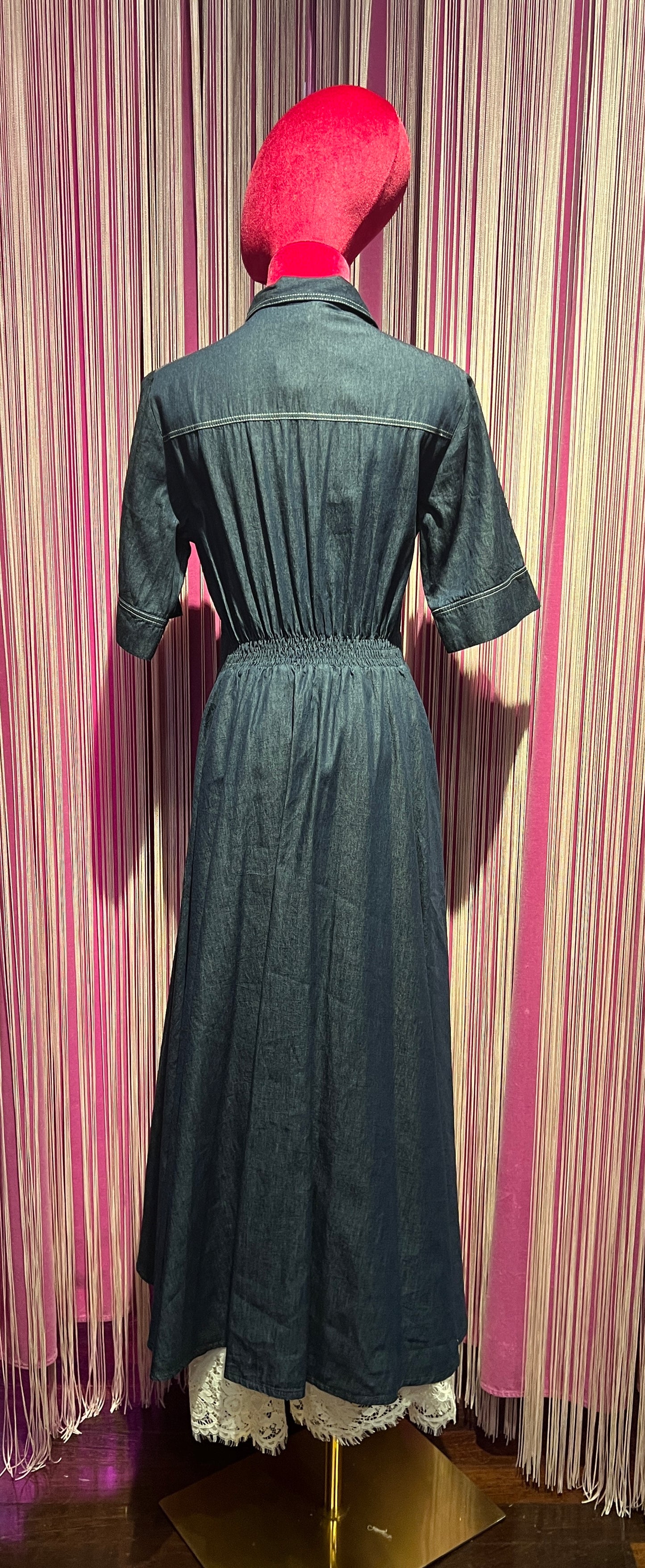 Pink memories abito chemisier in denim con pizzo