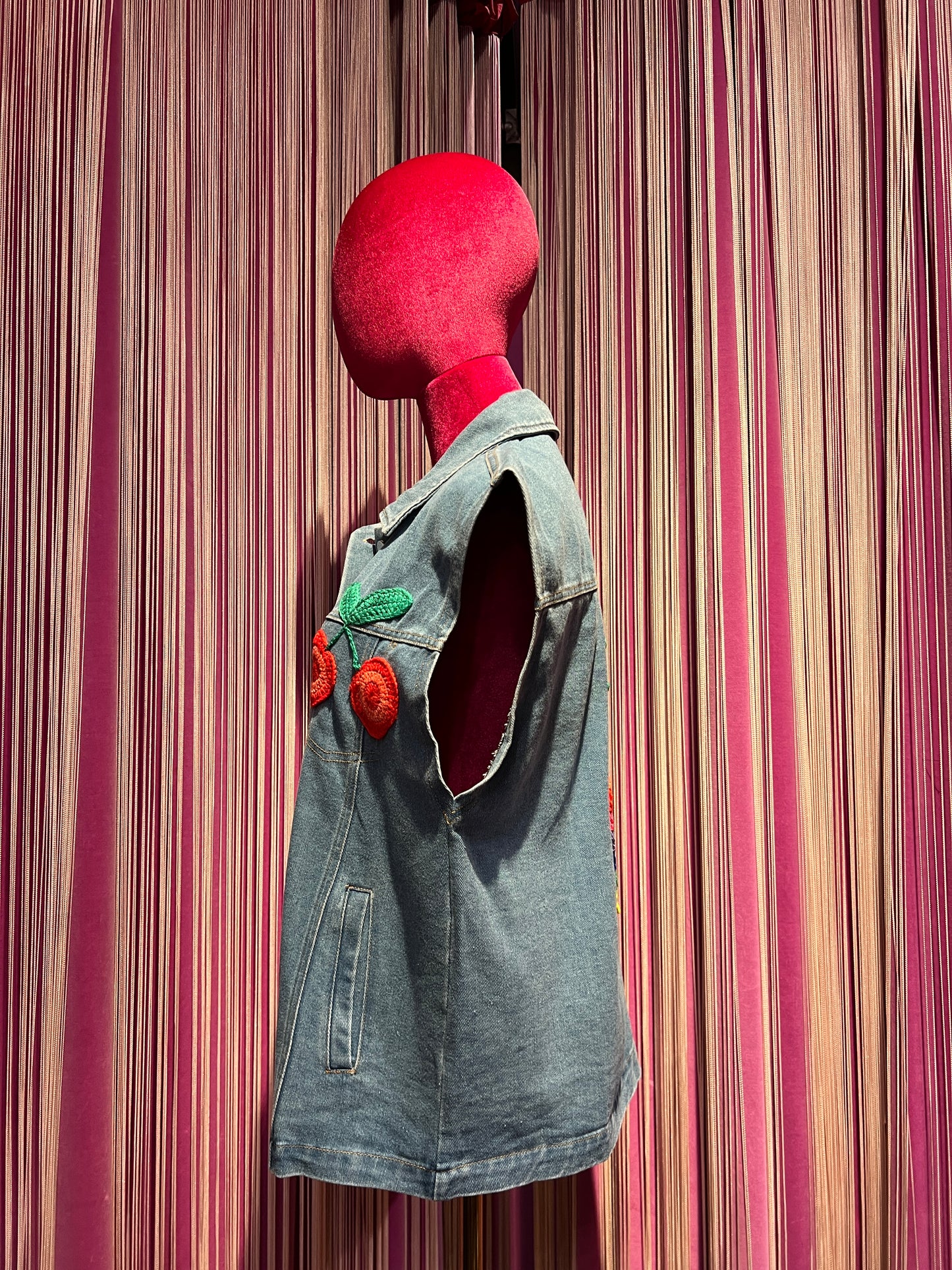 Mon amour Paris gilet jeans denim con applicazione ciliegie retro applicazione crochet