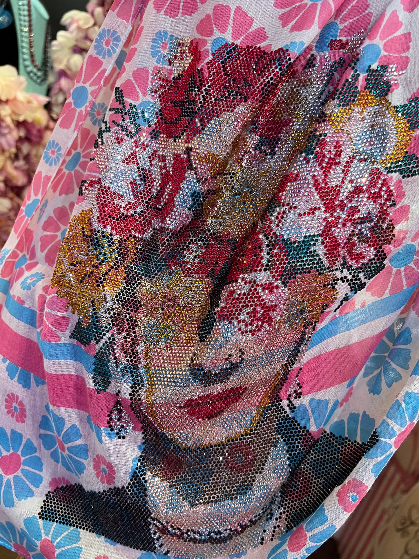 Foulard Frida 100% cotone fantasia floreale rosa e azzurro, decorazione cristalli