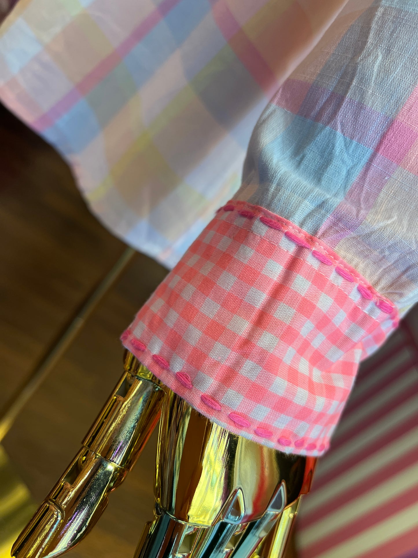 Mon amour Paris camicia fantasia quadri rosa celeste gialla con ricami flou