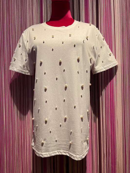 Love & roses t-shirt bianca cotone con applicazioni perle
