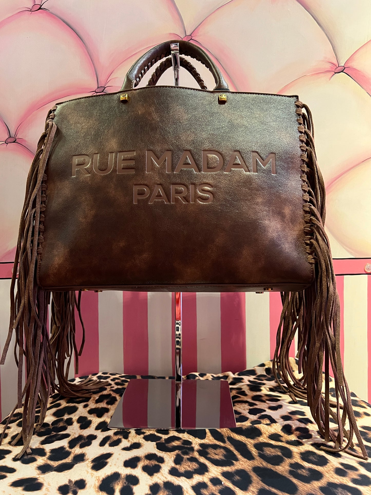 Rue Madam Paris borsa due manici vintage marrone con frange e tracolla Texas tote