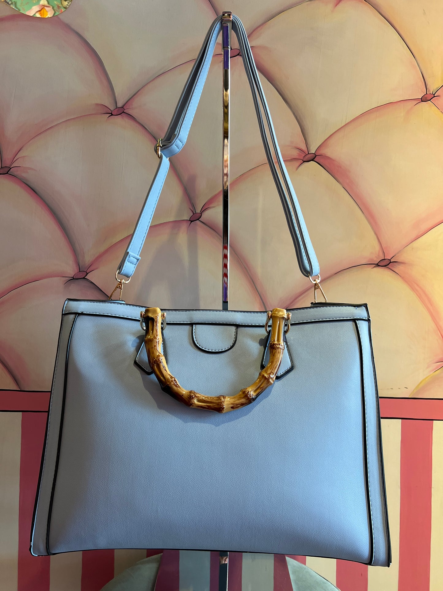 Borsa ecopelle celeste manici bambù con tracolla