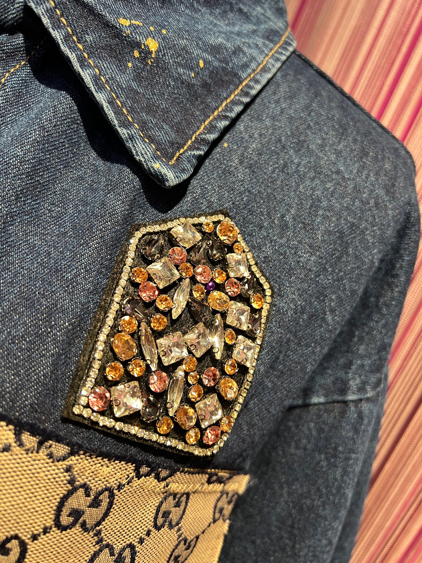 ABpink🩷 giacca camicia jeans con stoffa vintage patch orsetto paillettes oro