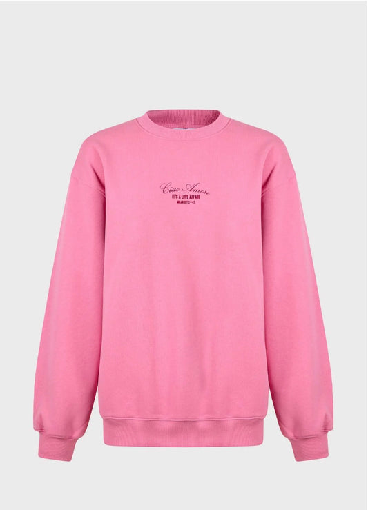 Giada Benincasa felpa cotone rosa over scritta “ ciao amore it’a love affair “