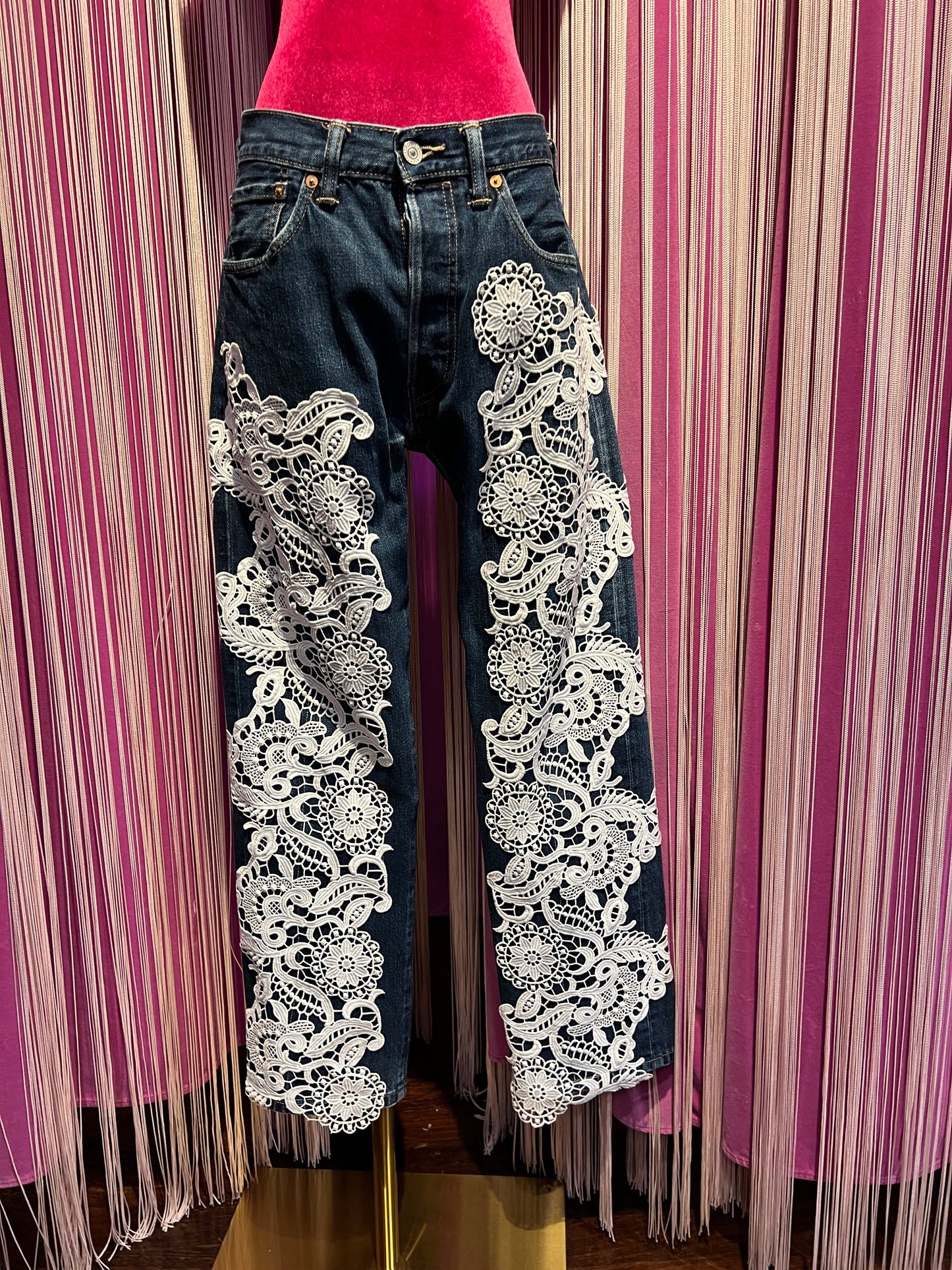 5 Proprio -50% di sconto jeans vintage m denim con applicazione pizzo bianco